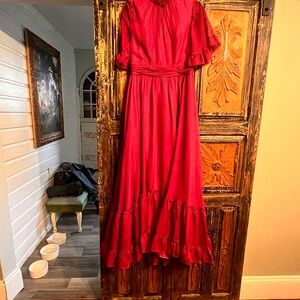 Mac Duggal Red Puff Sleeve High Low Sundress